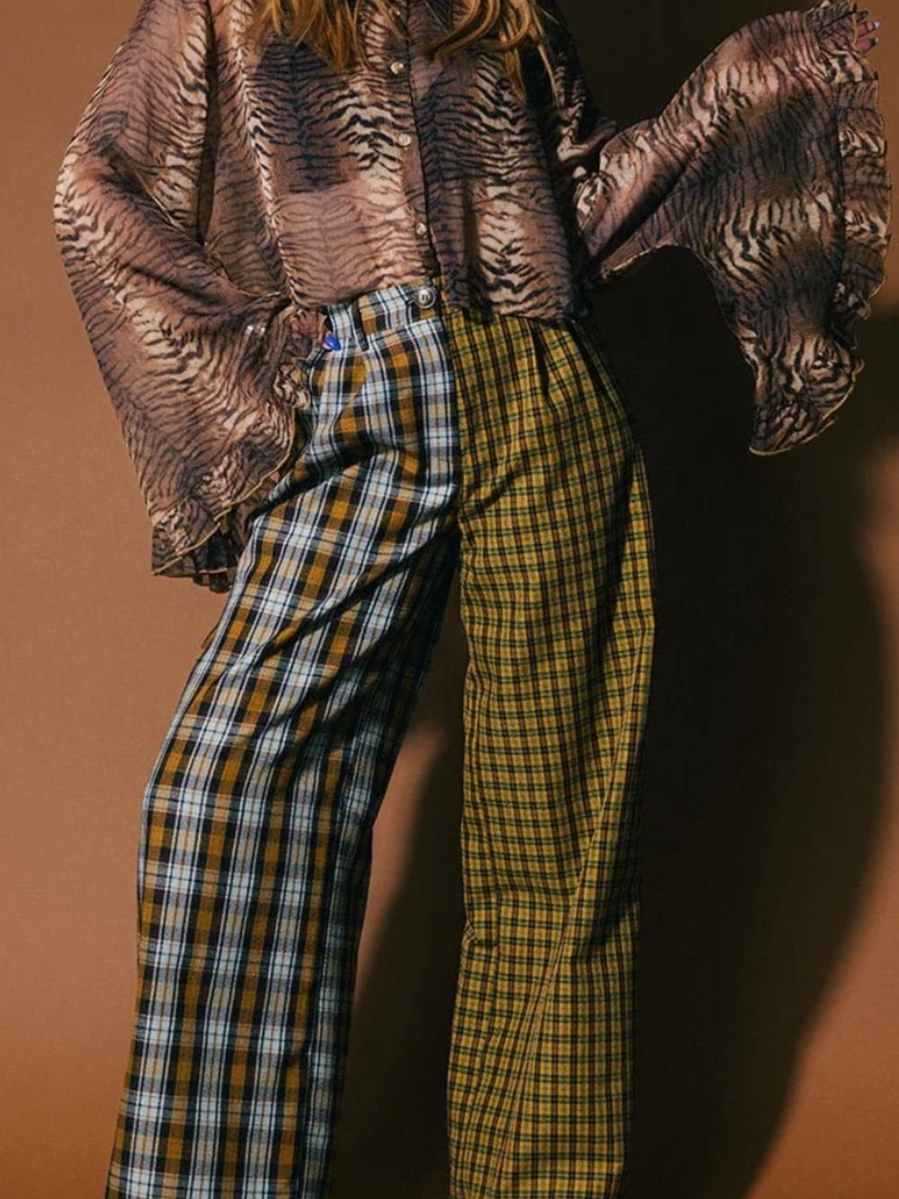 Dressed in LALA Two-Tone Plaid Wide-Leg Pants in Mustard & Blue